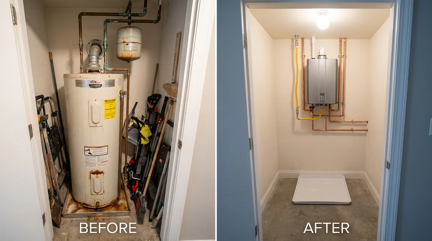 Tank water heater versus wall-mounted tankless unit comparison for Webster, MA homeowners