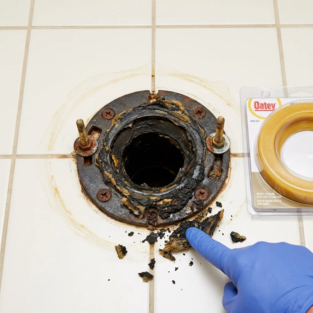 Failed wax ring showing water seepage at the base of a toilet in a Webster, MA home