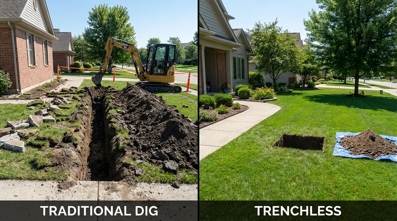 Trenchless sewer repair with minimal yard damage versus traditional excavation in Webster, MA