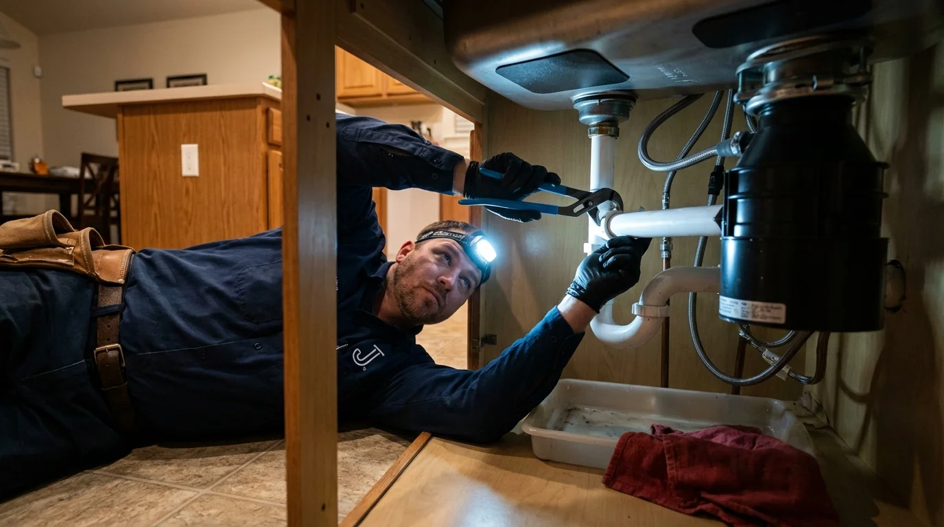 P-trap and supply line connections under a kitchen sink showing a common leak point in Webster, MA